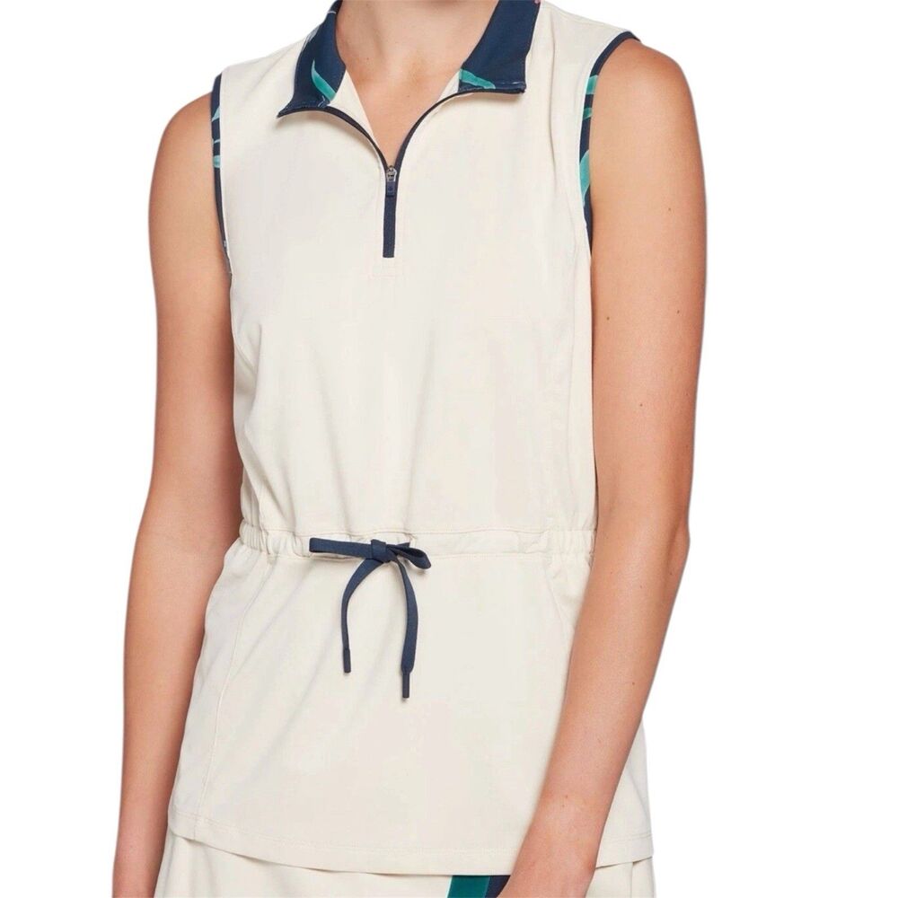Lady Hagen Floral Golf Polo Sleeveless Beige Drawstring Waist Top Sz M